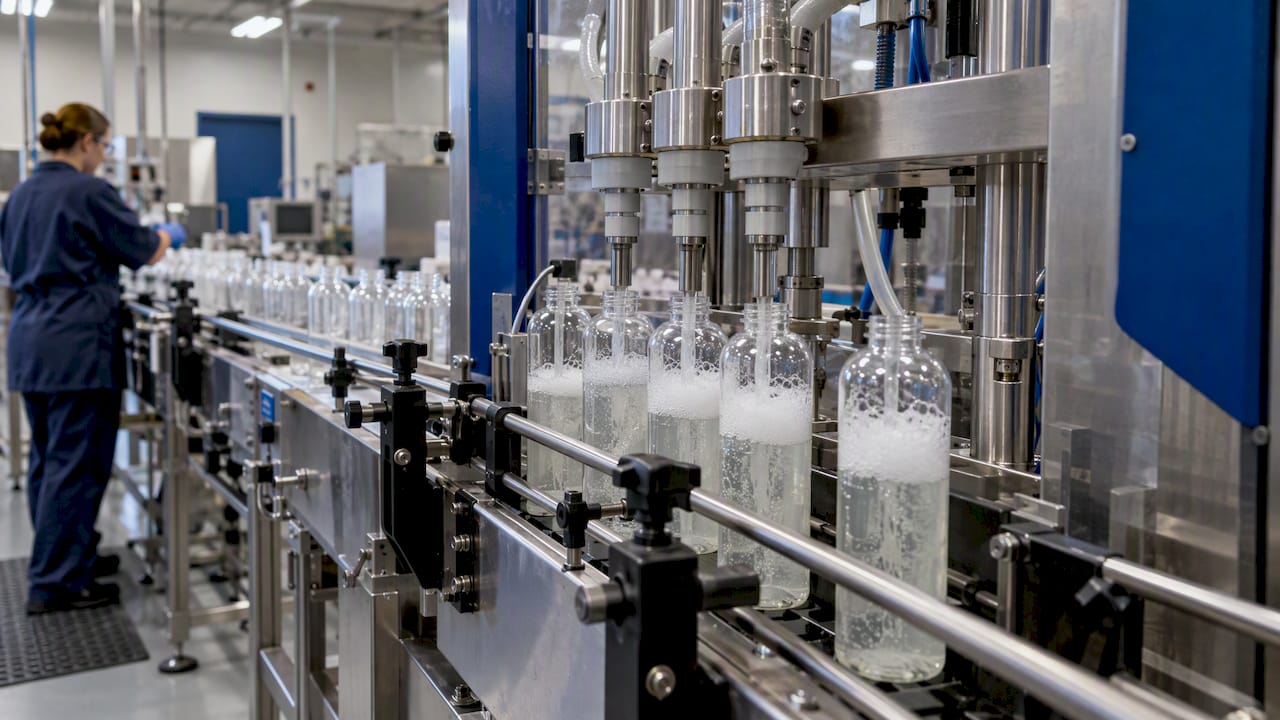 Filling-heads-dispensing-foaming-liquid-into-bottles