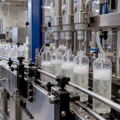 Filling-heads-dispensing-foaming-liquid-into-bottles